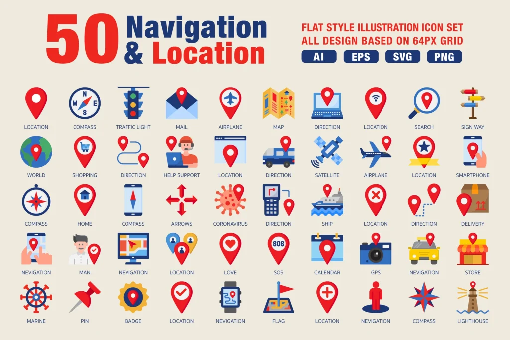 50 Navigation And Location Flat Style Icons